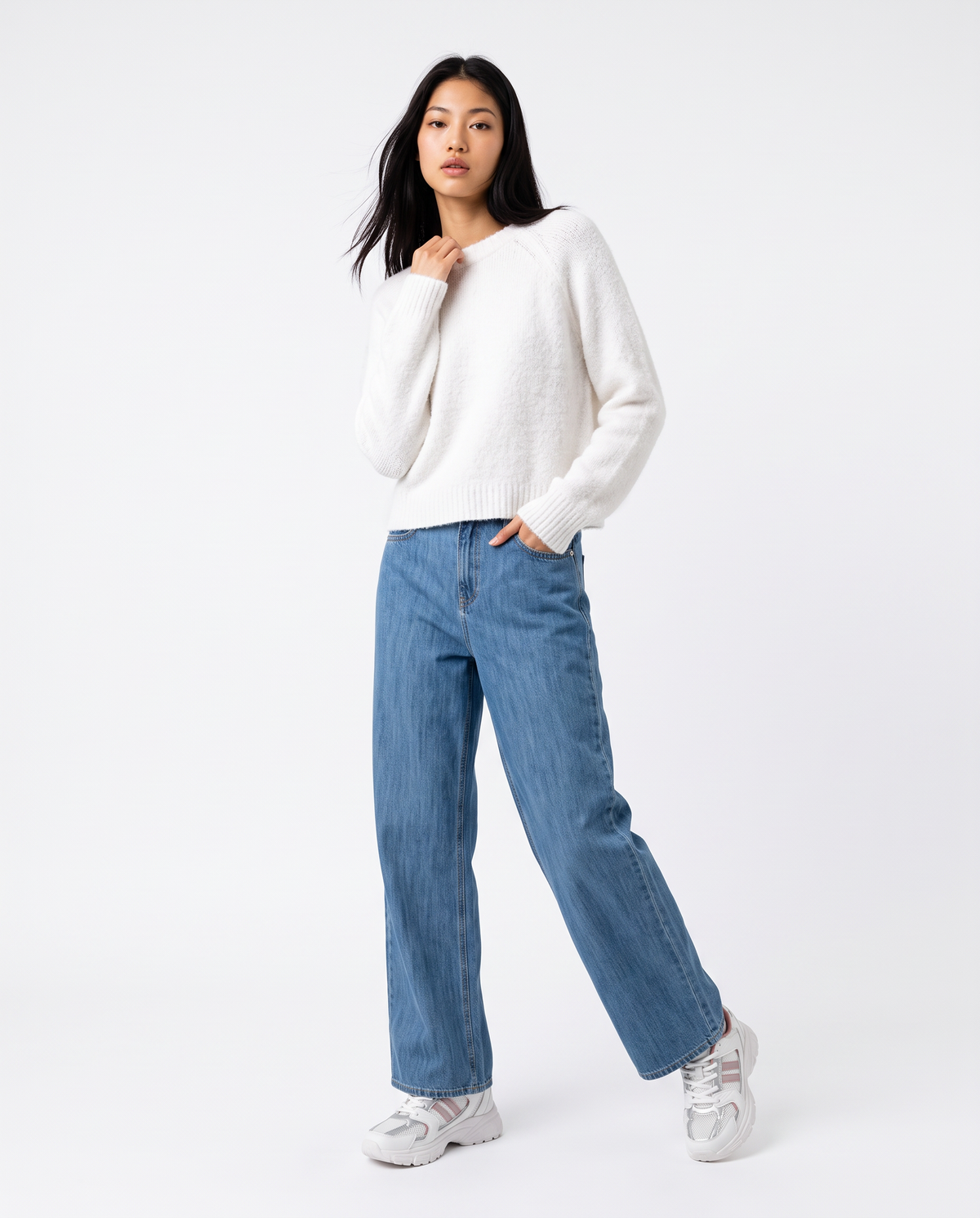 Pullover girocollo in ciniglia opaca - Bianco latte