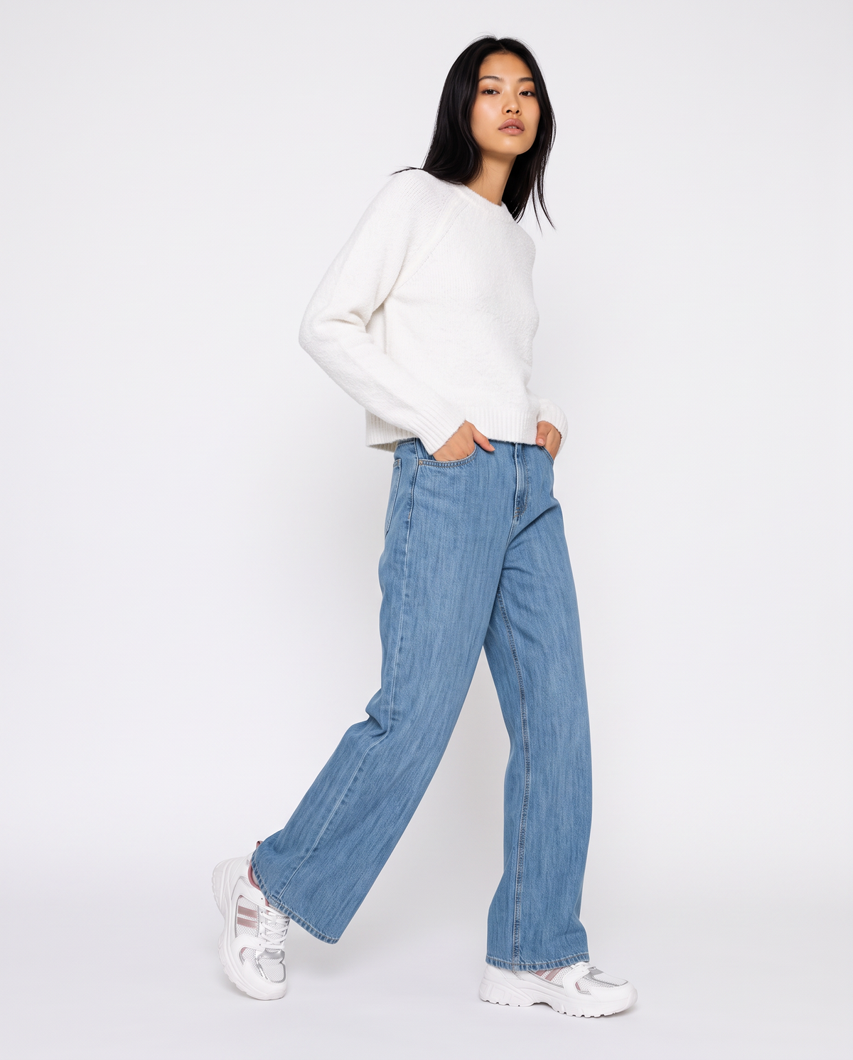 Pullover girocollo in ciniglia opaca - Bianco latte