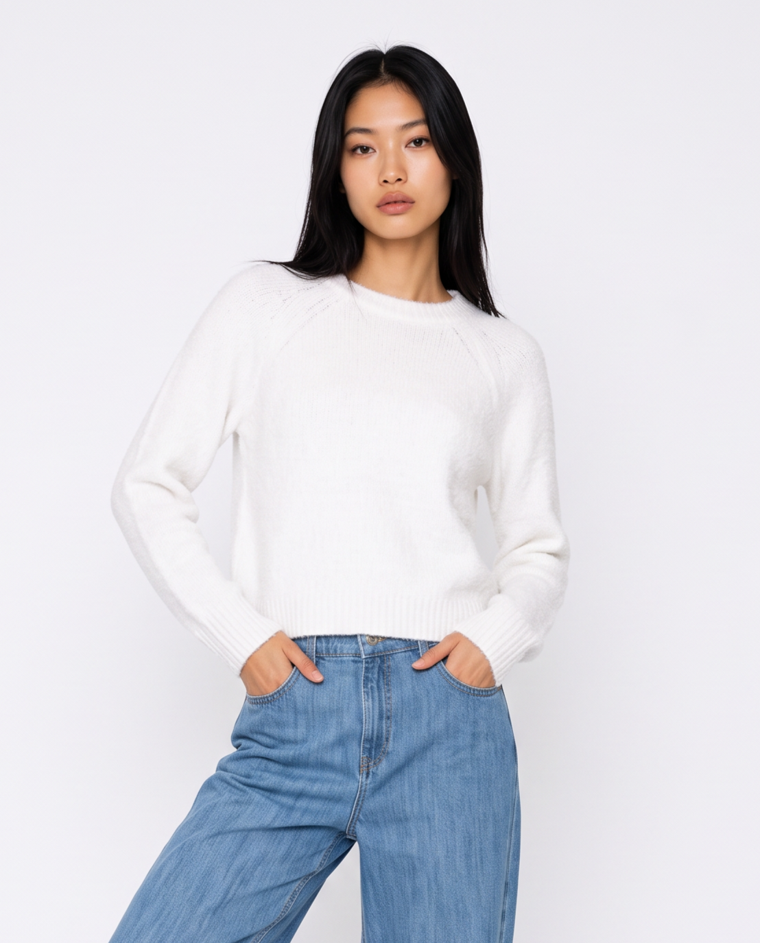 Pullover girocollo in ciniglia opaca - Bianco latte