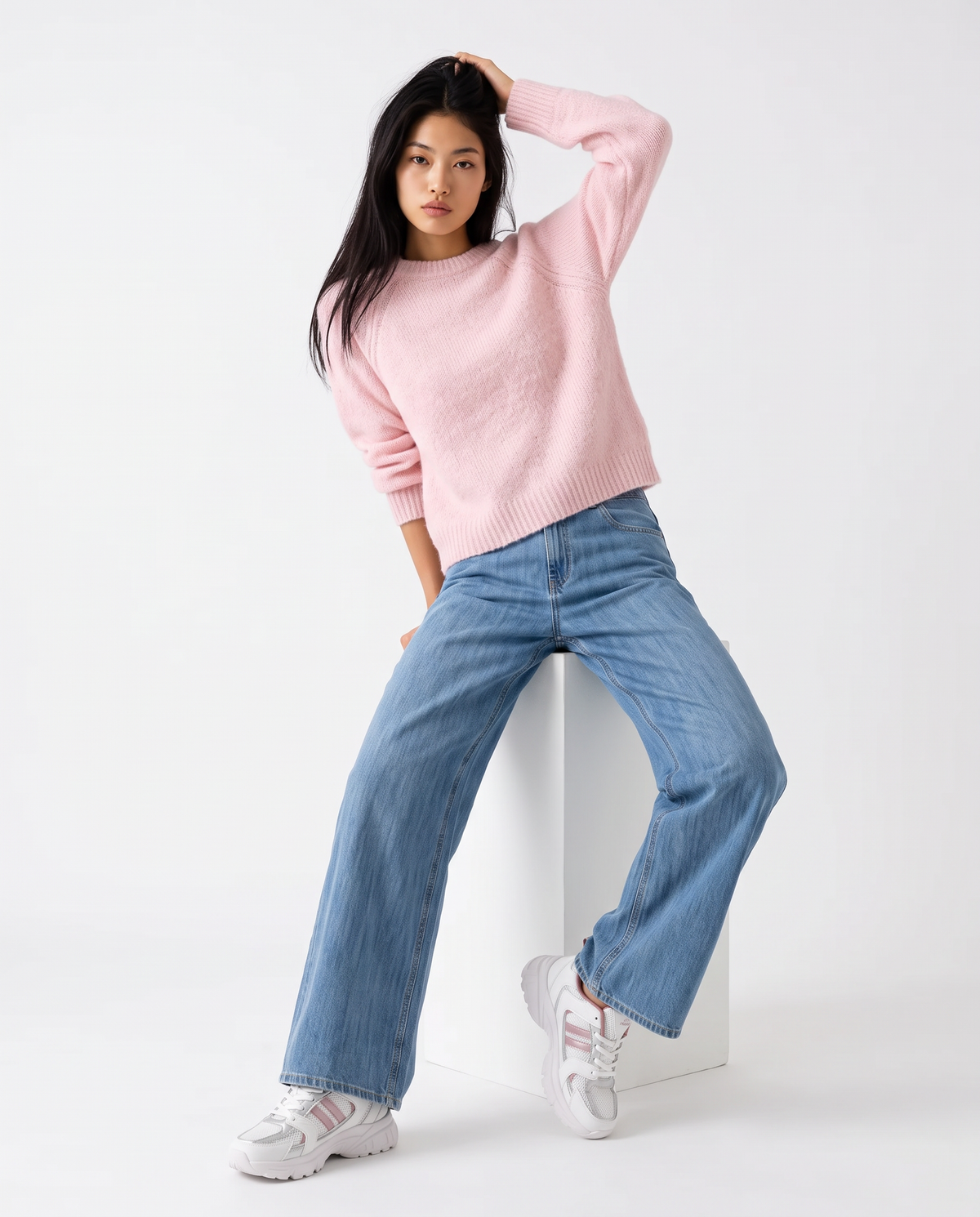 Pullover girocollo in ciniglia opaca - Rosa chiaro