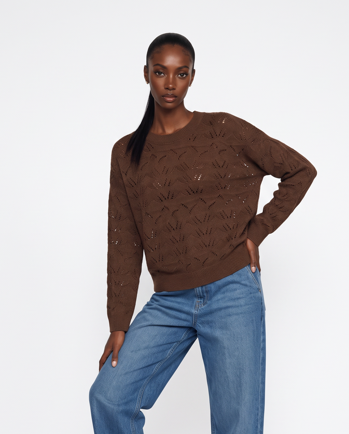 Pullover girocollo in ciniglia opaca - Tortora melange
