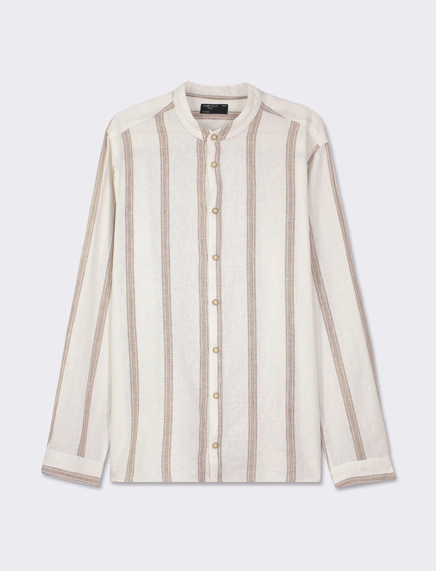 Striped Regular Fit Korean Collar Shirt with Marble Effect Buttons - White