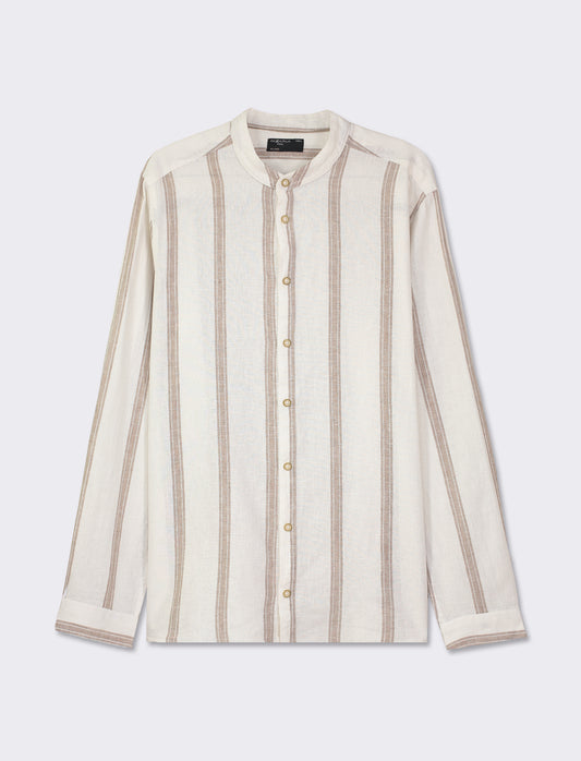 Striped Regular Fit Korean Collar Shirt with Marble Effect Buttons - White