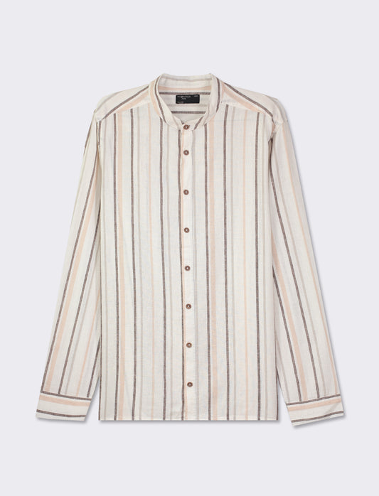 Striped Linen Regular Fit Shirt with Korean Collar - White