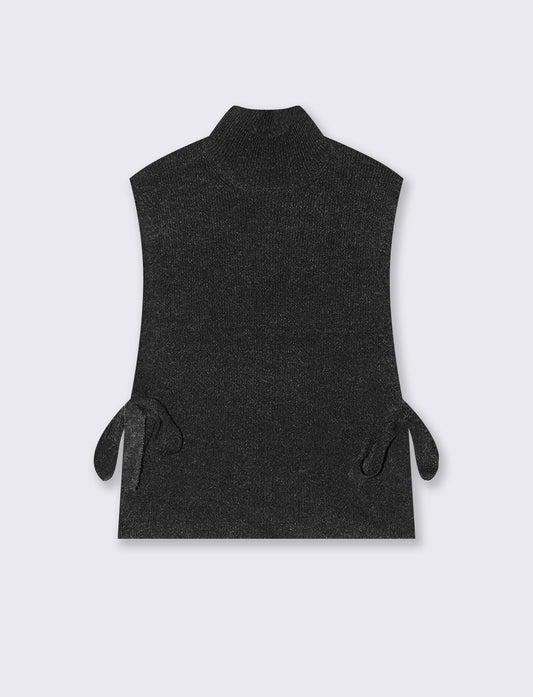 Maglia smanicata a collo alto con fiocco - Nero