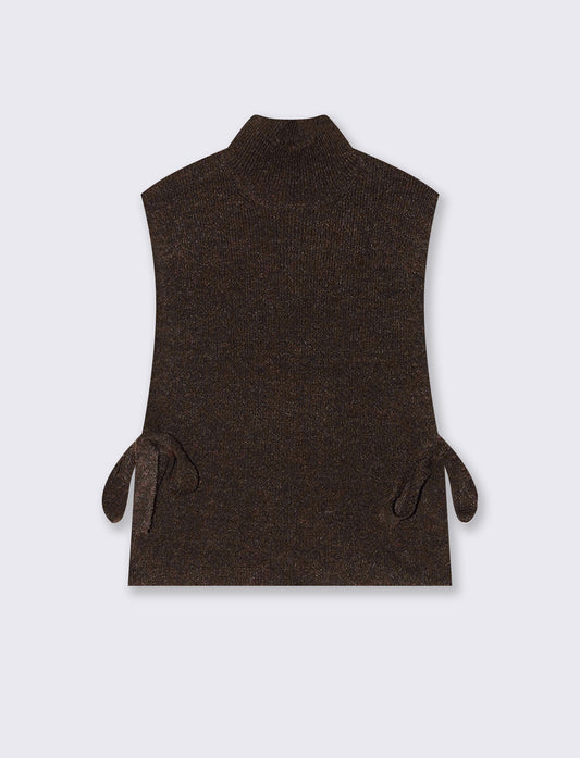 Maglia smanicata a collo alto con fiocco - Moro
