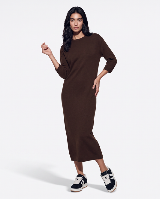 Long knit dress with 3/4 sleeves - Brown