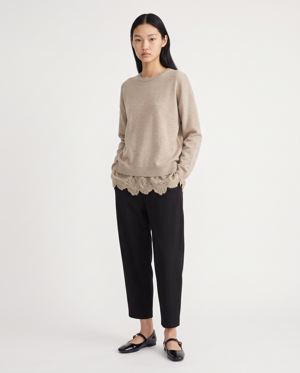 Maglia over paricollo manica lunga - Beige grano