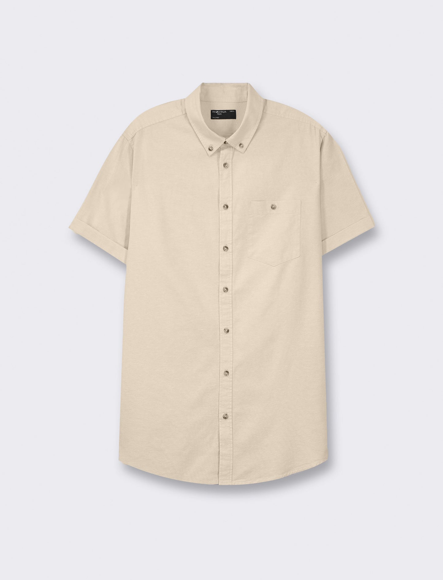 Short Sleeve Oxford Cotton Shirt with French Collar and Chest Pocket - Beige