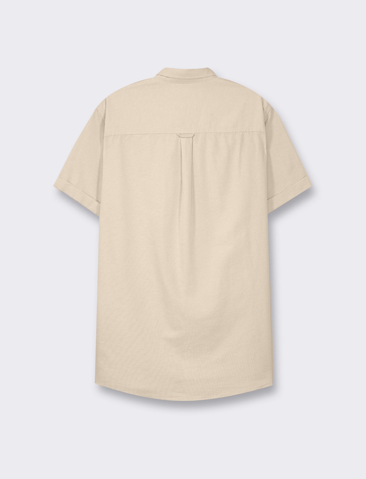 Short Sleeve Oxford Cotton Shirt with French Collar and Chest Pocket - Beige