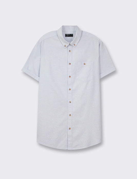 Short Sleeve Oxford Cotton Shirt with French Collar and Chest Pocket - Sky blue