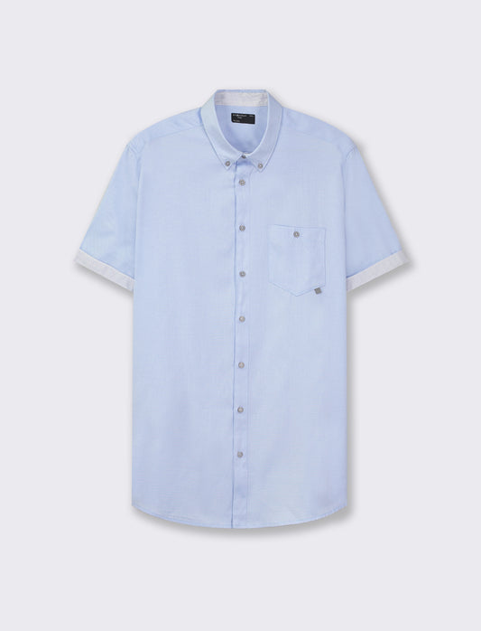 Short Sleeve Oxford Cotton Shirt with French Button-Down Collar - Sky blue