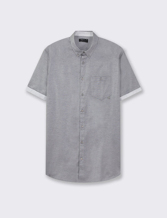 Short Sleeve Oxford Cotton Shirt with French Button-Down Collar - Blue