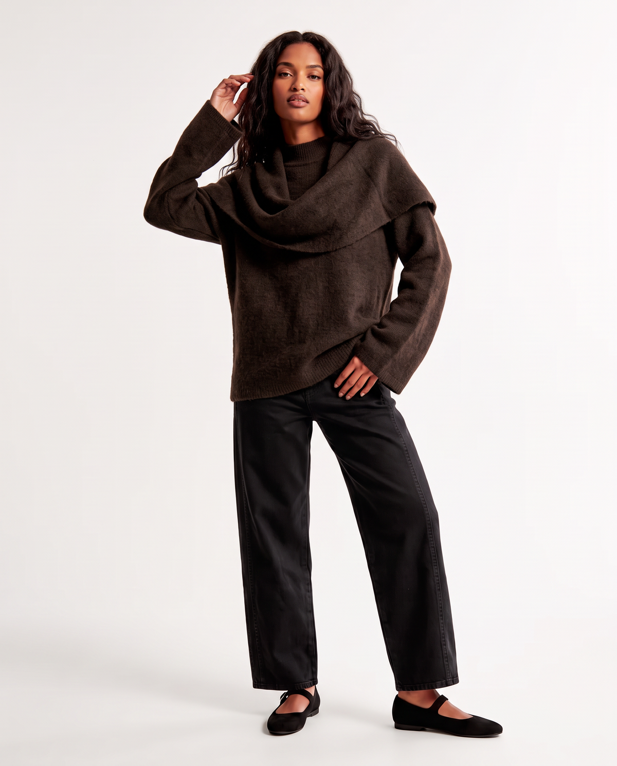 Pullover a collo alto con sciarpa abbinata - Moro