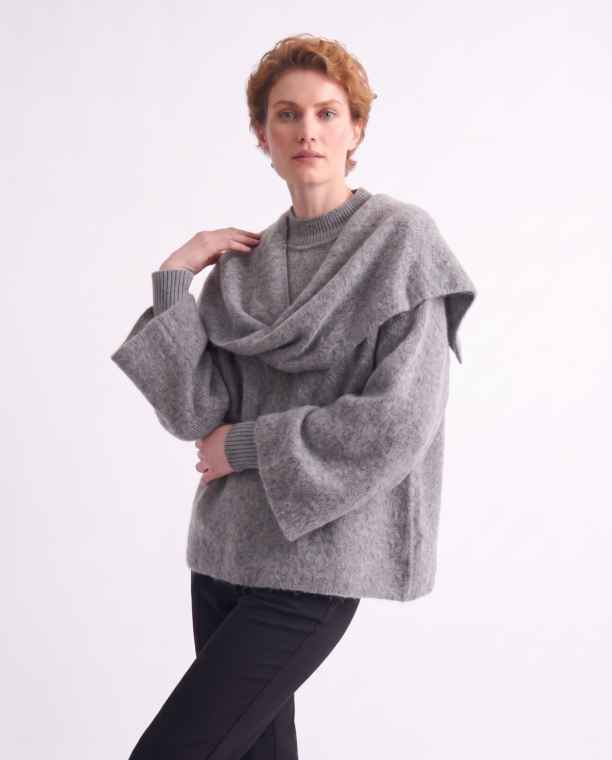 High-neck sweater with matching scarf - Grey