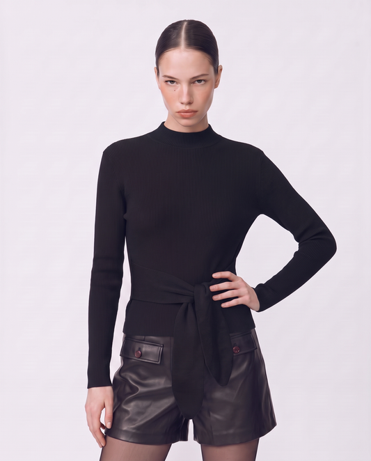 High neck sweater with waist knot - Black