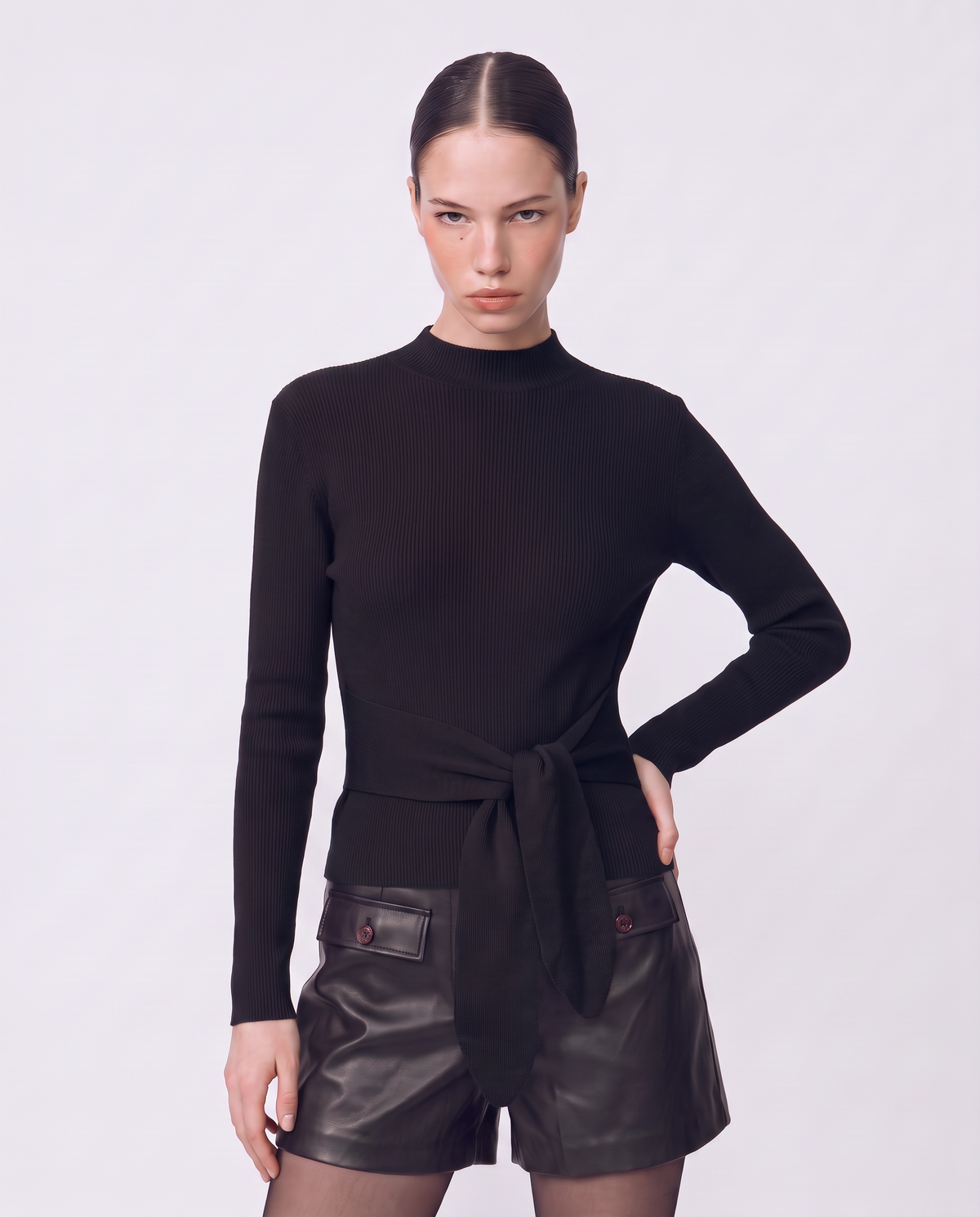 High neck sweater with waist knot - Black