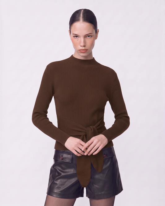 High neck sweater with waist knot - Brown
