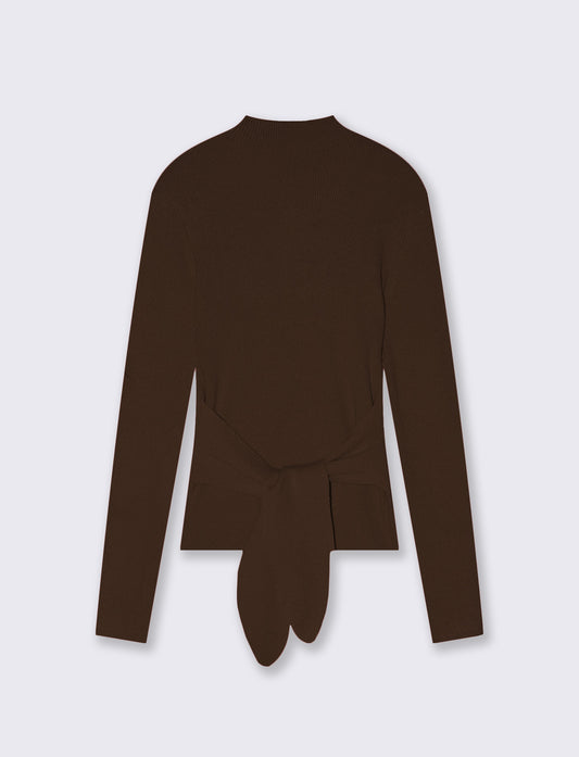 Maglia a collo alto con nodo in vita - Marrone cioccolato