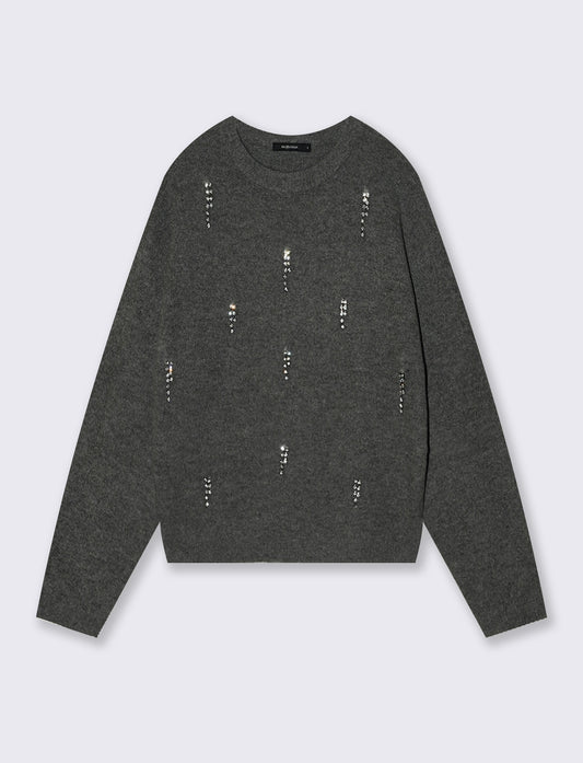Crew neck pullover with appliqués - Grey