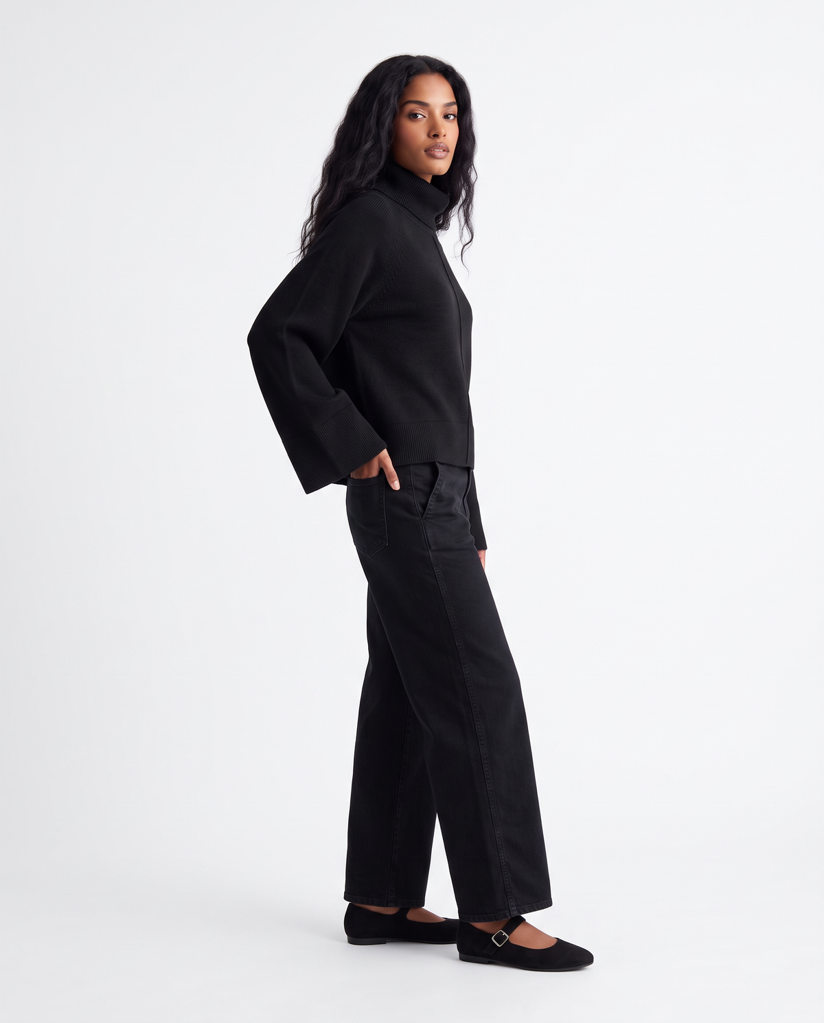 High-neck oversized Milano stitch pullover - Black