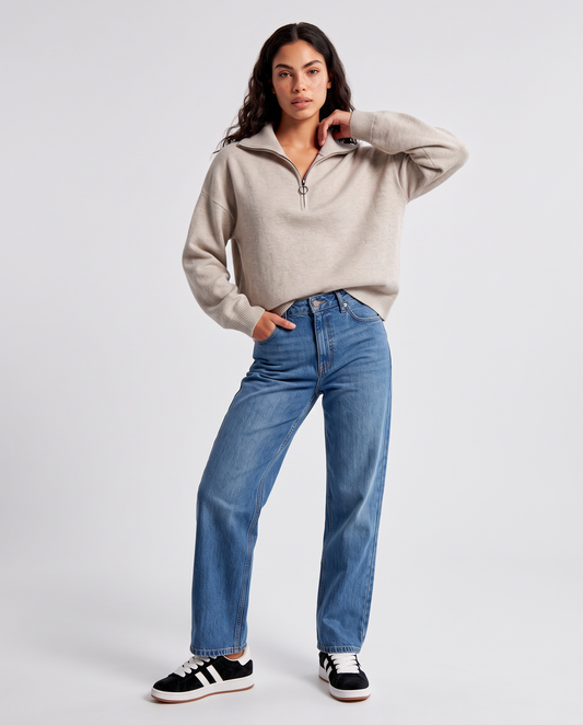 Long sleeve oversized sweater with zip - Beige
