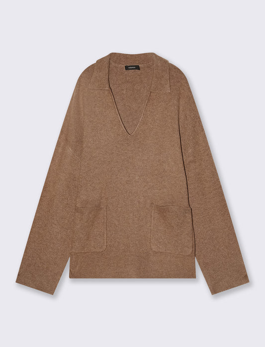 V-neck sweater with front pockets - BROWN