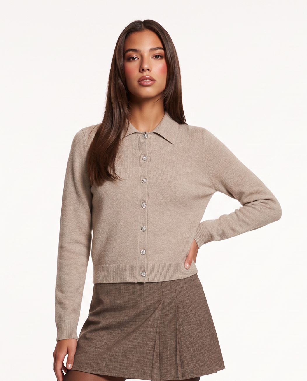 Cardigan with collar and jewel buttons - Beige