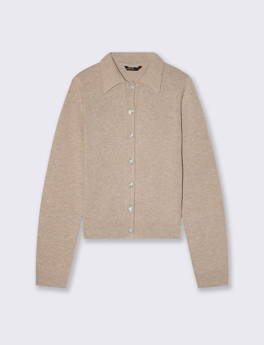 Cardigan con colletto e bottoni gioiello - Beige grano