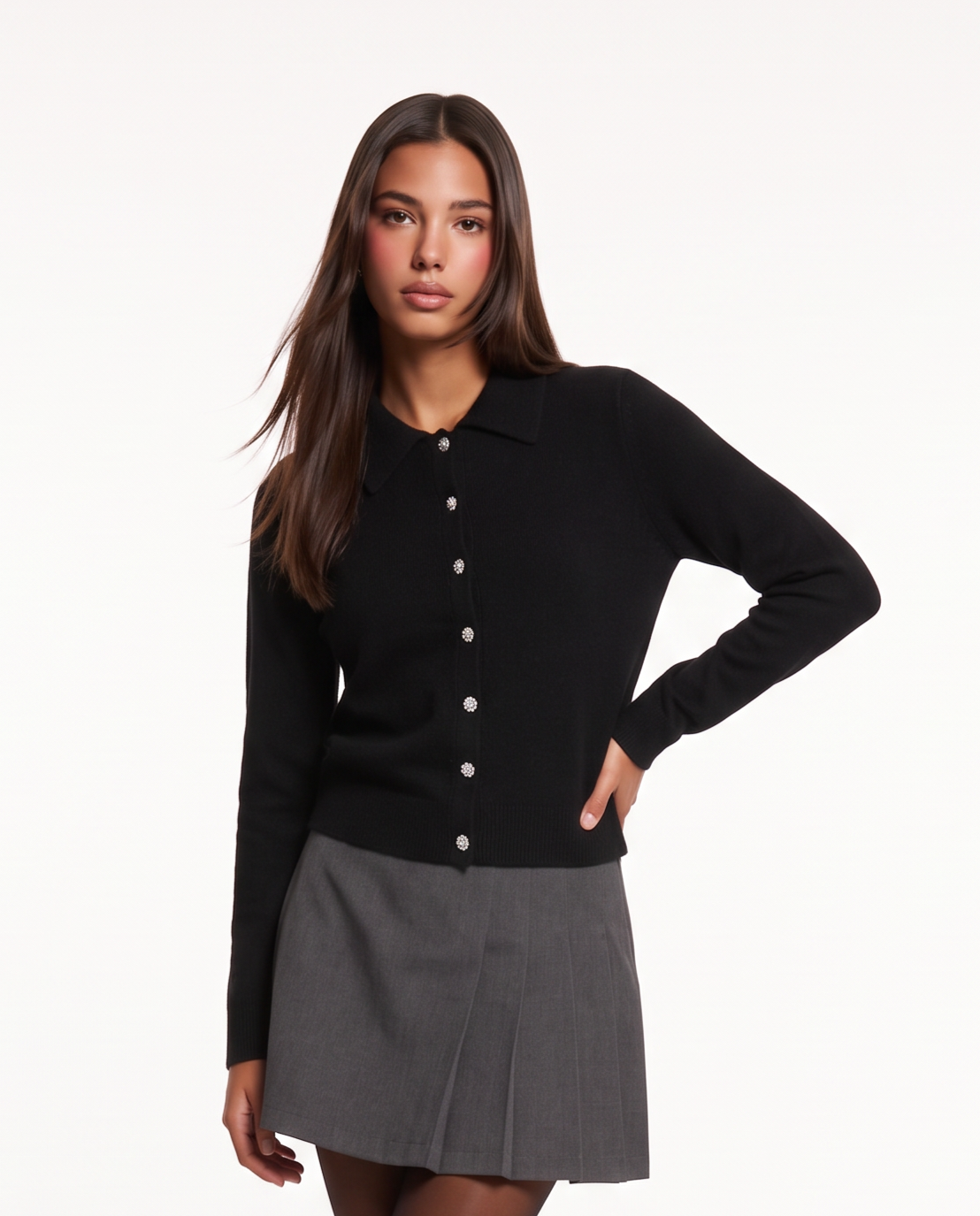 Cardigan with collar and jewel buttons - Black