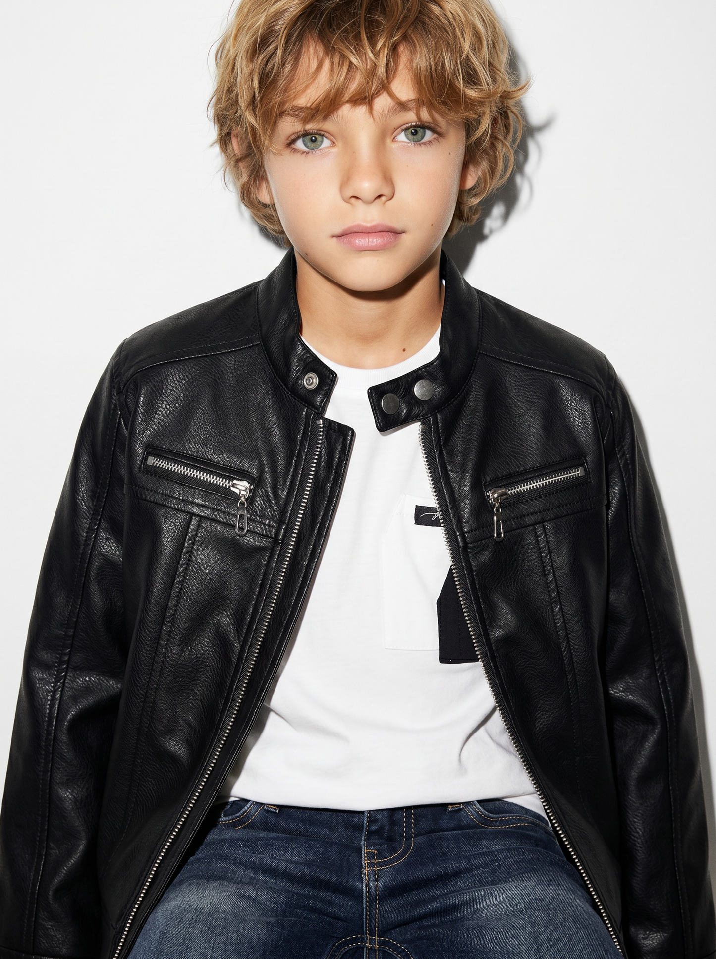 Biker Jacket with Round Collar and Zipper - Black