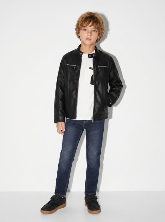 Giubbotto Biker con collo rotondo e cerniera - Nero
