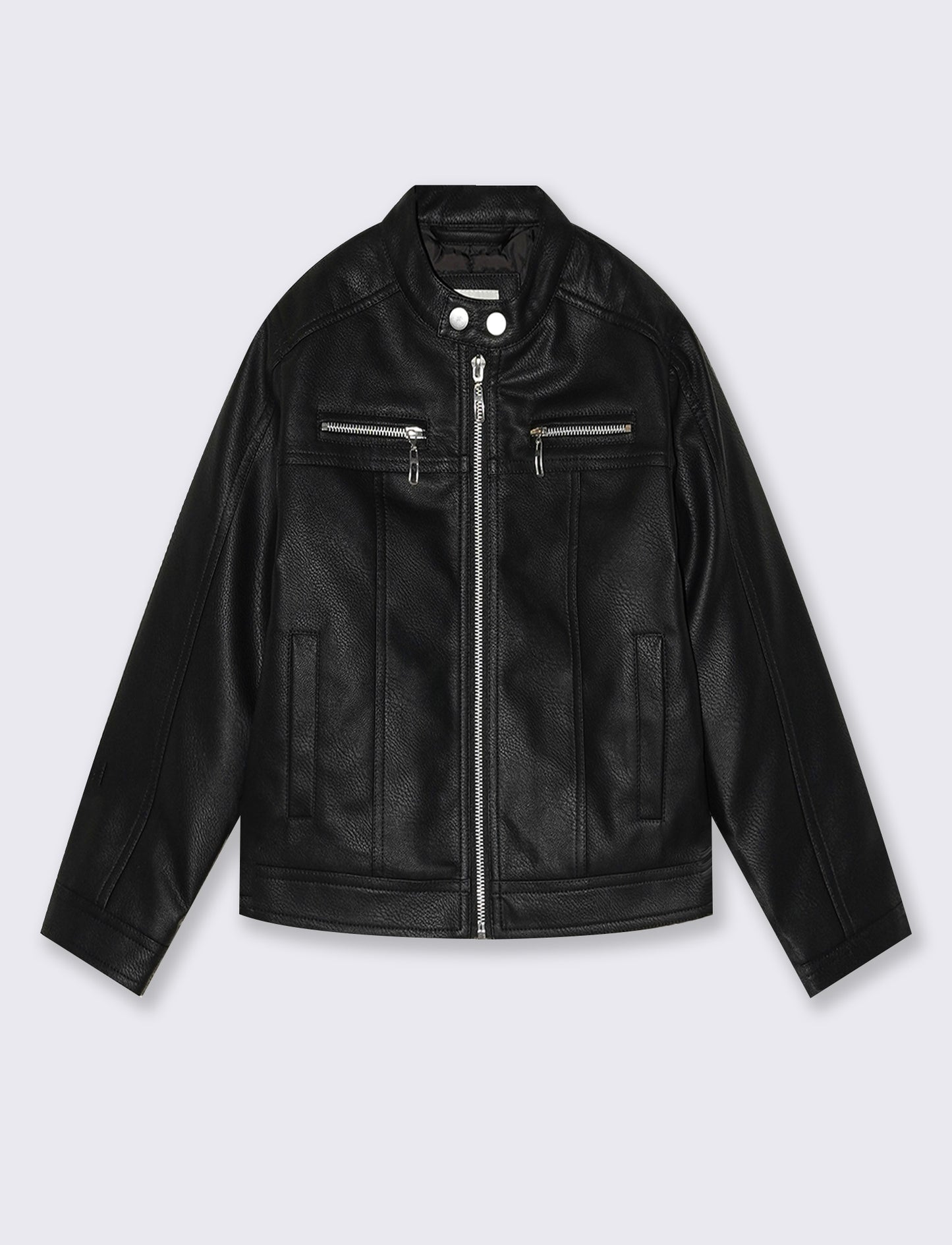 Biker Jacket with Round Collar and Zipper - Black