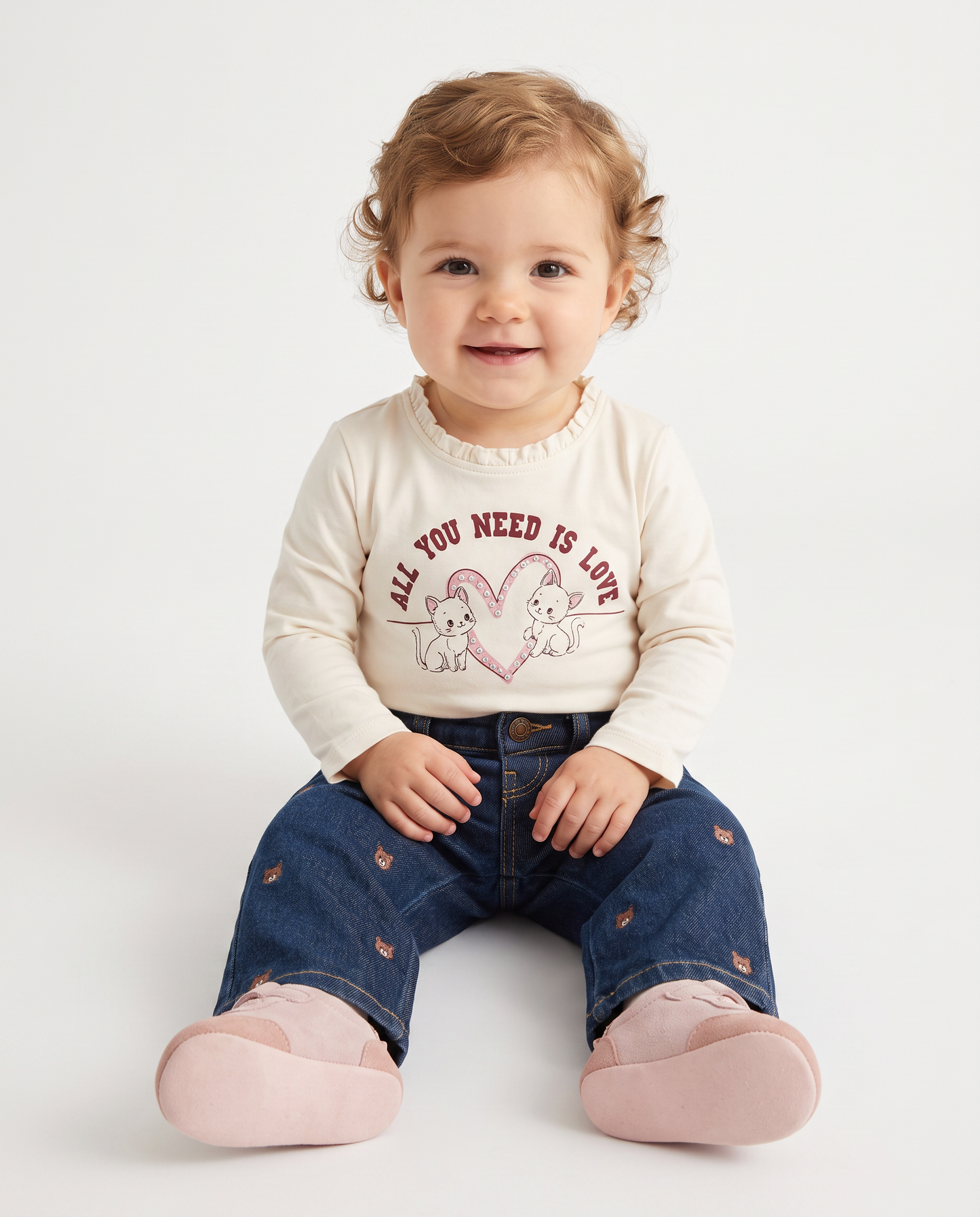 Maglietta manica lunga con strass e stampa - Bianco latte