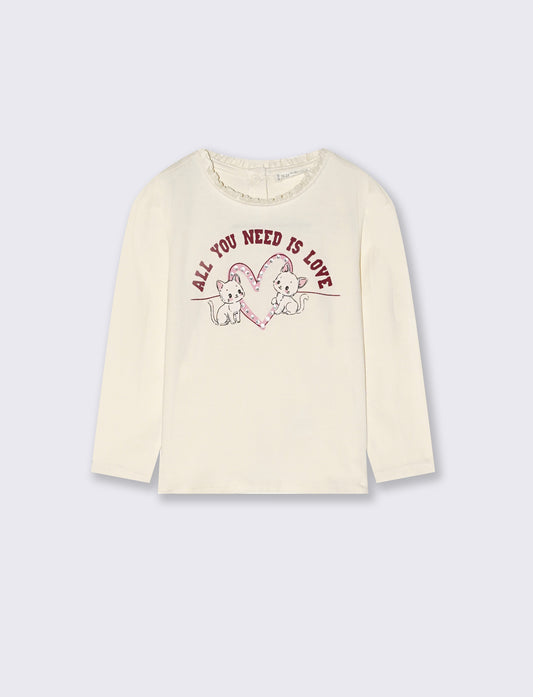 Maglietta manica lunga con strass e stampa - Bianco latte