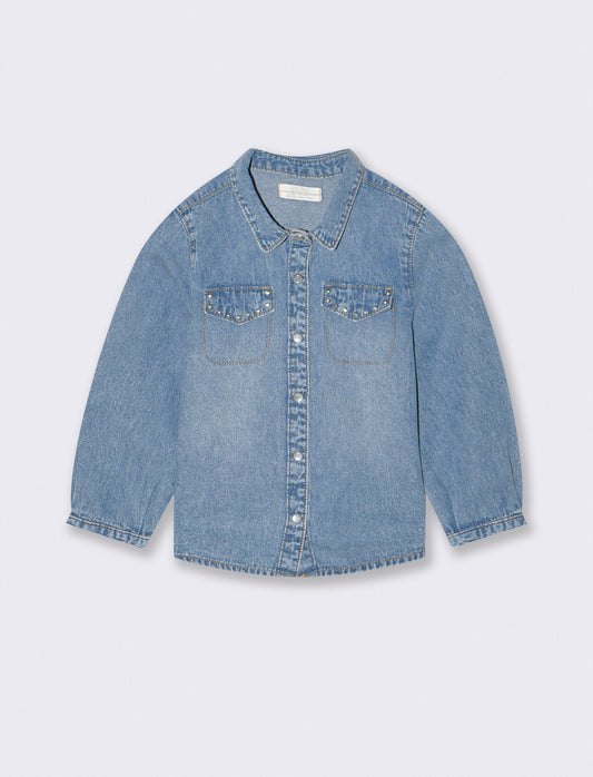 Body con colletto e maniche lunghe ricamato - Denim