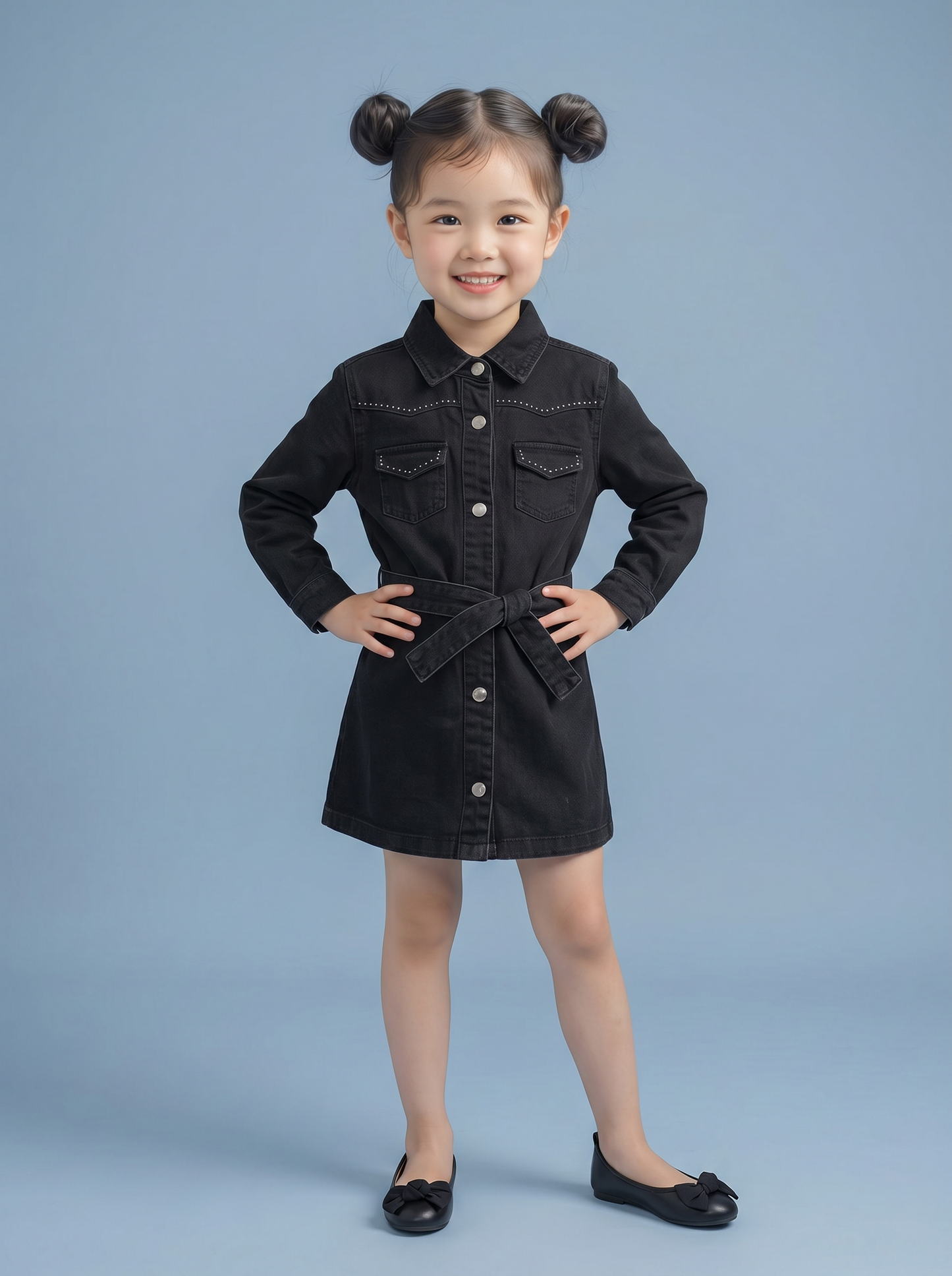 Abito in denim rock con borchie e cintura - Nero