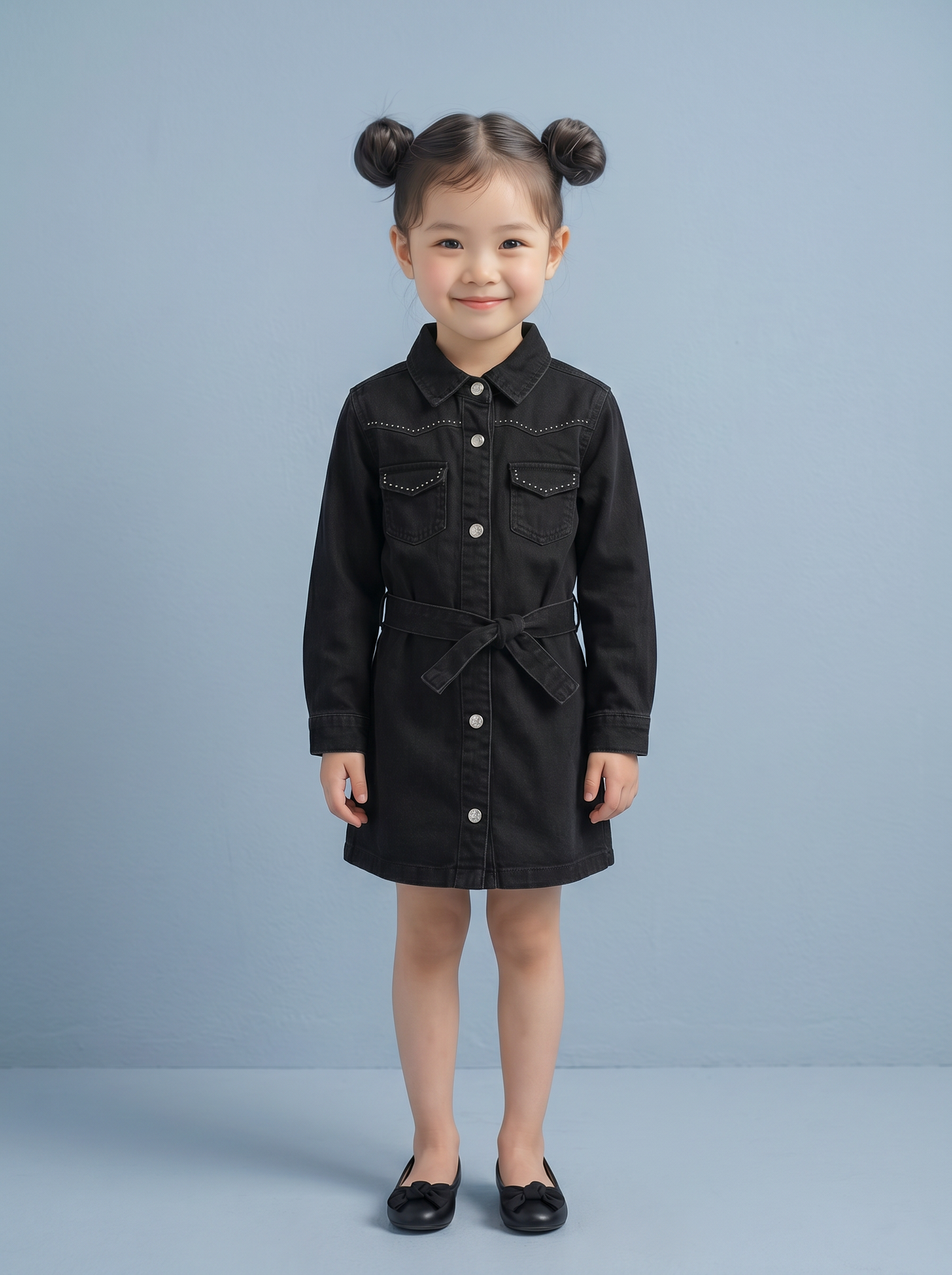 Abito in denim rock con borchie e cintura - Nero