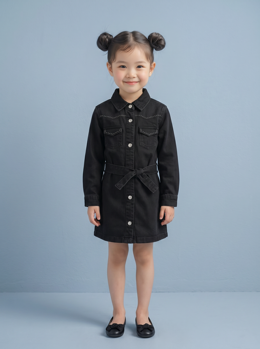 Abito in denim rock con borchie e cintura - Nero