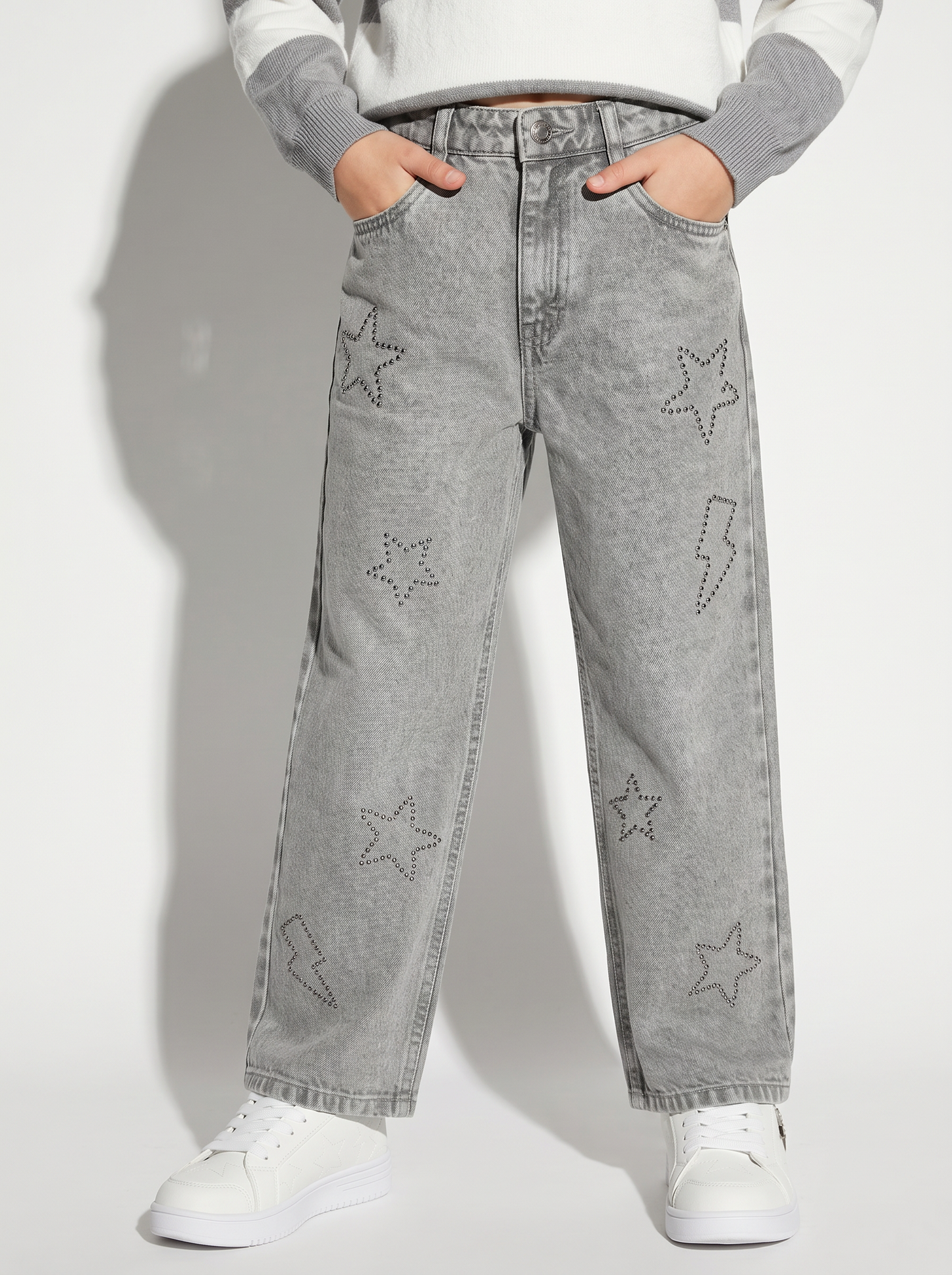 Wide-leg jeans with rock studs - Grey