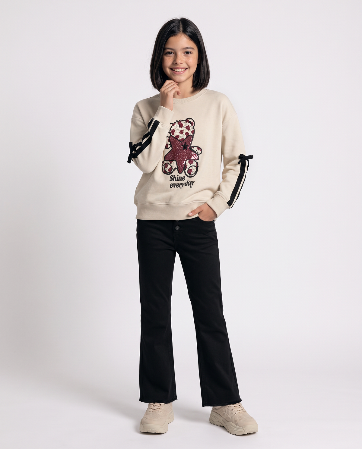 Crewneck sweatshirt with bows and rhinestones - Beige