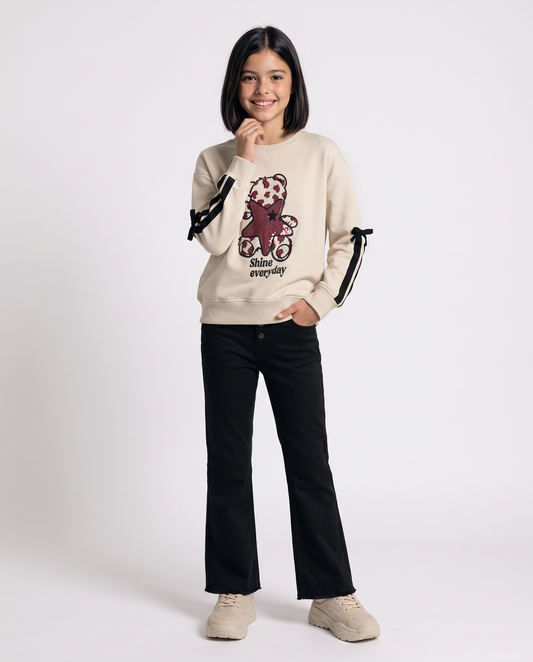 Crewneck sweatshirt with bows and rhinestones - Beige