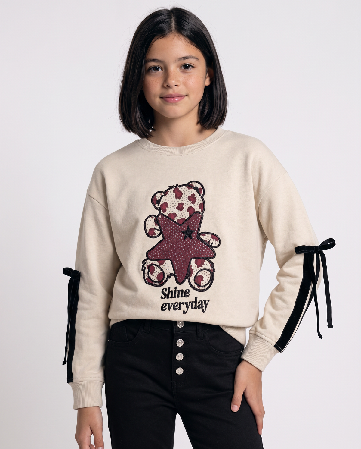 Crewneck sweatshirt with bows and rhinestones - Beige