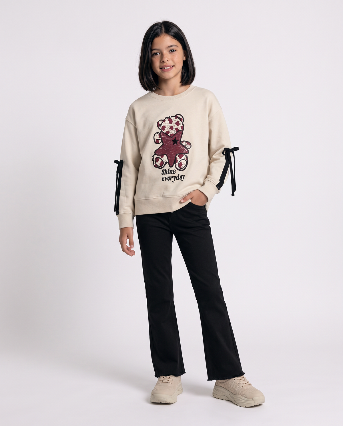 Crewneck sweatshirt with bows and rhinestones - Beige