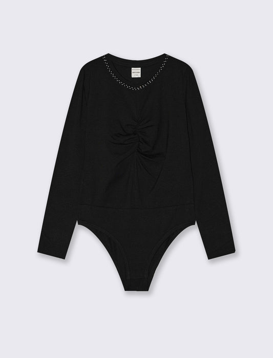 Body in jersey bicolore con strass - Nero