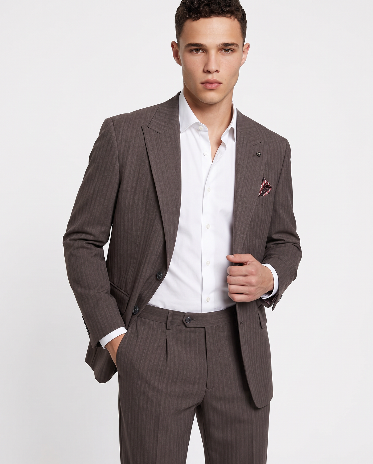 Structured Formal Blazer with Pocket Square - Brown