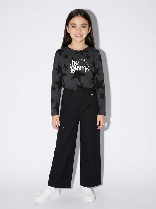 Pantalone da bambina con tasconi e borchie - Nero