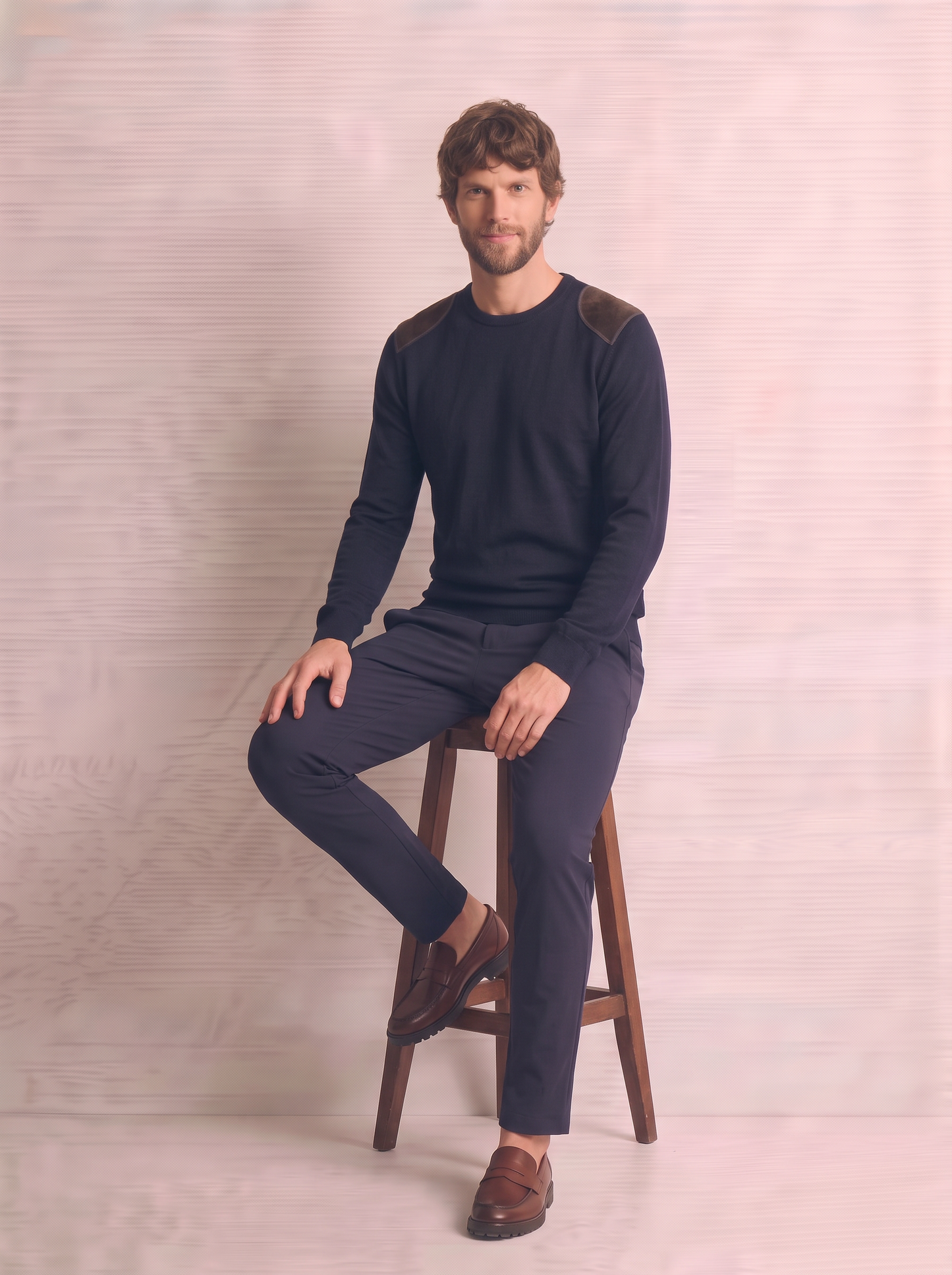 Maglia girocollo slim fit con toppe velluto - Blu