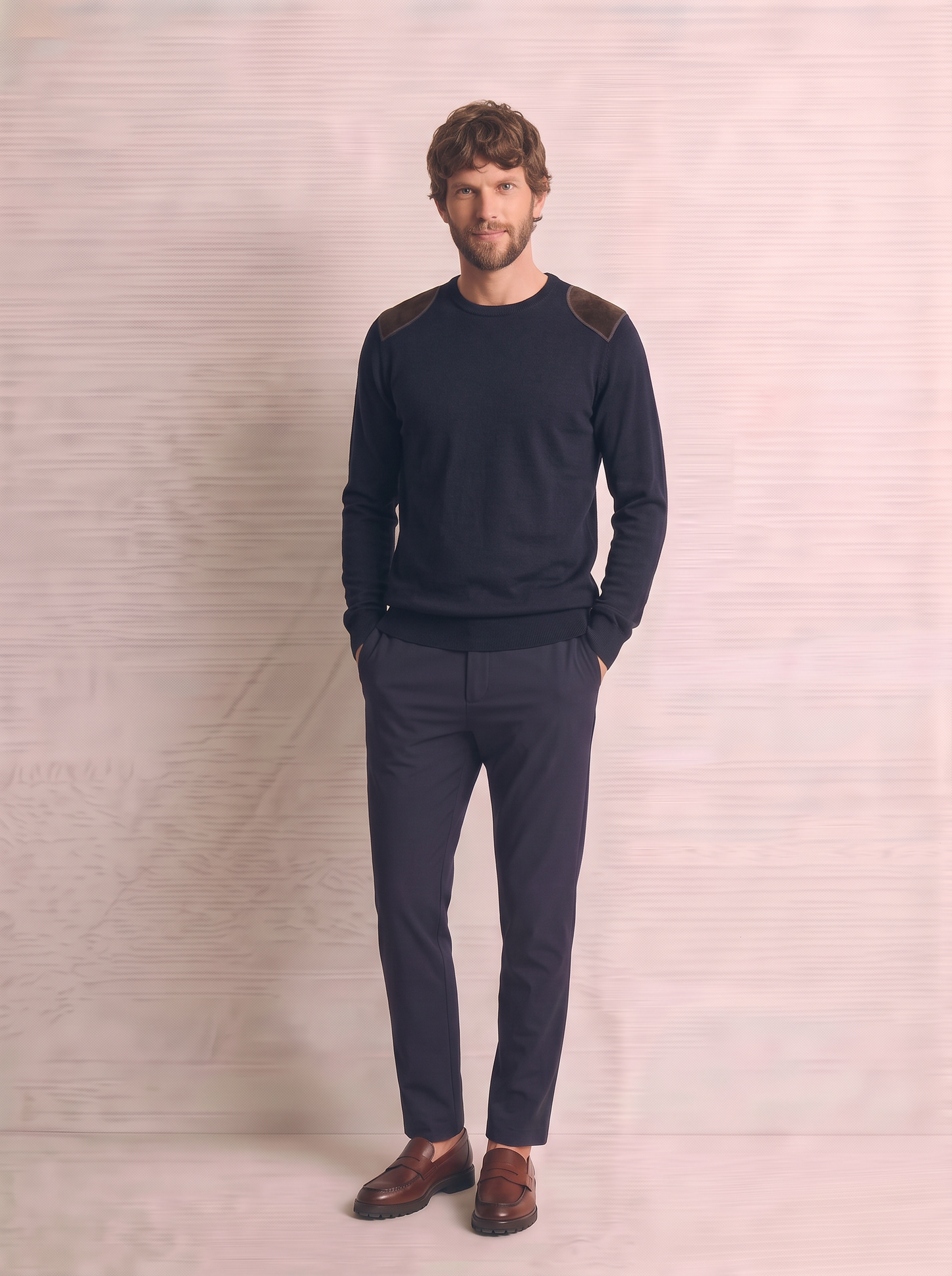 Maglia girocollo slim fit con toppe velluto - Blu