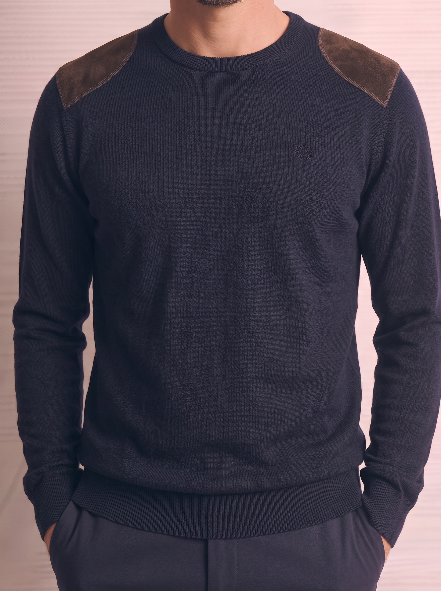 Maglia girocollo slim fit con toppe velluto - Blu